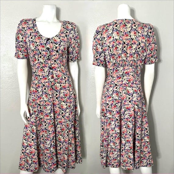 90's Black, Pink, Rayon, Floral, Dress (M)