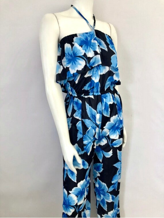 Vintage 70's Black, Blue, Floral, Ruffle, Jumpsui… - image 3