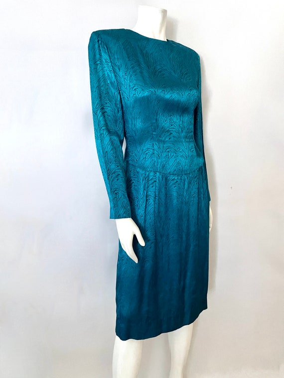 Vintage 80's Teal, Floral Jacquard Dress (Size 6) - image 2