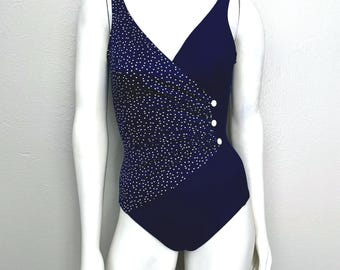 Traje de baño de una pieza, azul marino, blanco, con lunares, estilo años 90 (talla S)