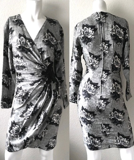 Vintage 80's Silk Wrap Dress, Gray, Floral, Beade… - image 1