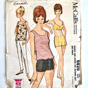 60&#39;s McCalls 6820, Pullover Top, Fitted Pants, Two Piece Bathing Suit (S)