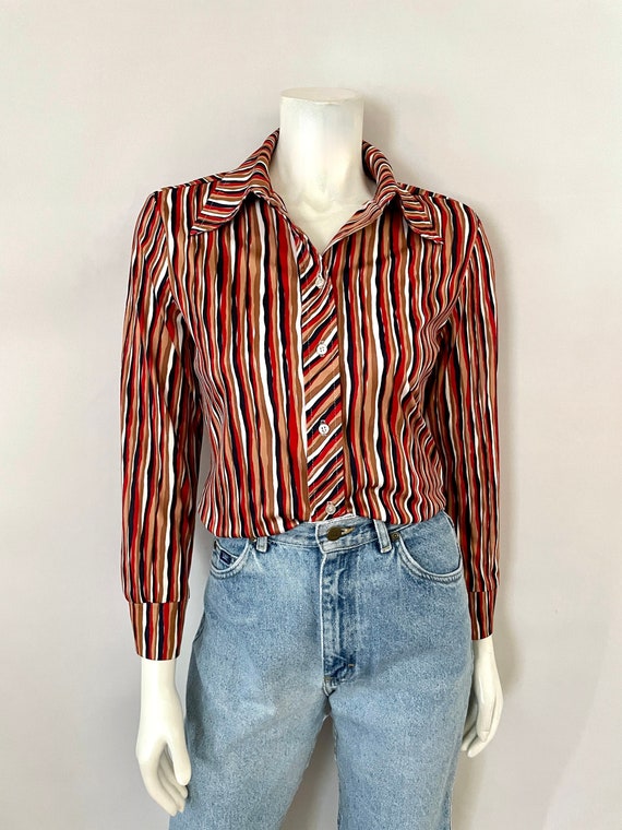 Vintage 70's Red, Tan, Abstract, Striped Blouse (M