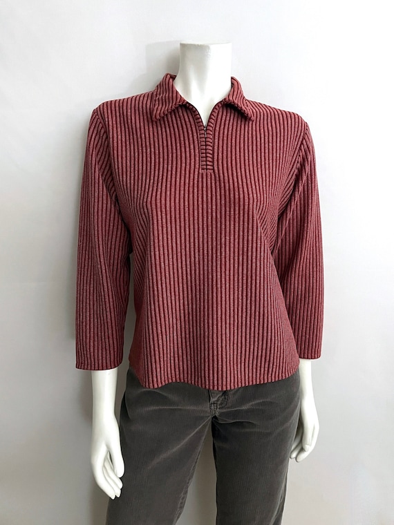 Vintage 70's Red, Striped, 3/4 Sleeve, Zip Up Top 