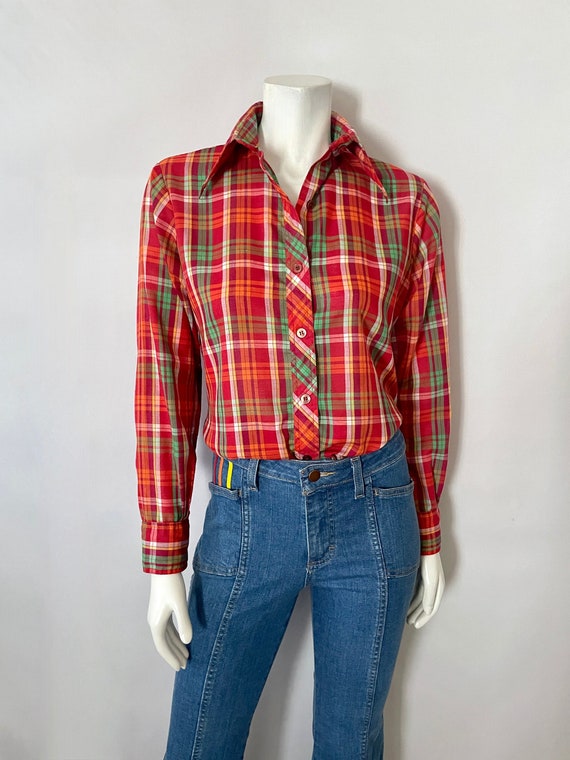 Vintage 70's Red, Plaid, Long Sleeve, Blouse (Size