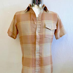 Vintage 80&#39;s Tan, Plaid Shirt, Short Sleeve, Button Down, Shirt (S)