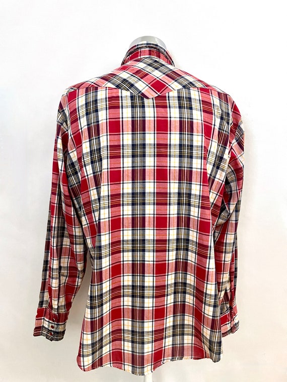 Vintage 80's Red White Plaid Snap Button Shirt (L) - image 9