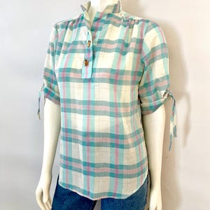 80's White, Turquoise, Plaid, Half Sleeve, Blouse (Size 6)