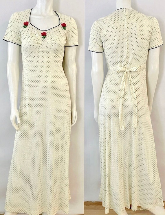 Vintage 70's Cream, Polka Dot, Maxi Dress (Size 4)