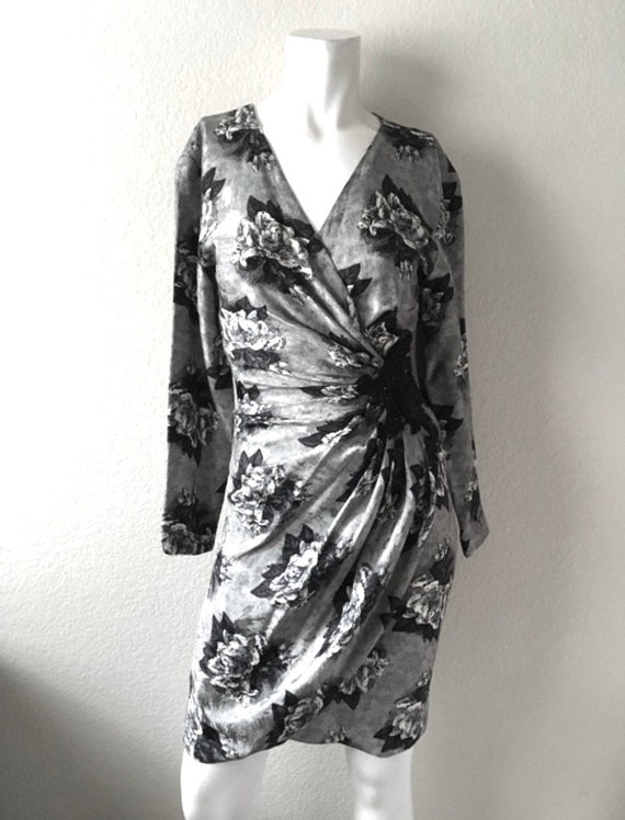 Vintage 80's Silk Wrap Dress, Gray, Floral, Beade… - image 3