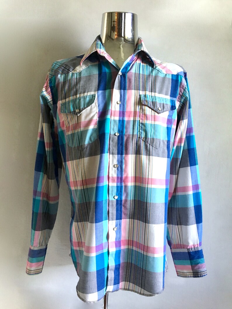 Plaid Snap Button Long Sleeve Vintage Mens 80/'s Wrangler Western Shirt L