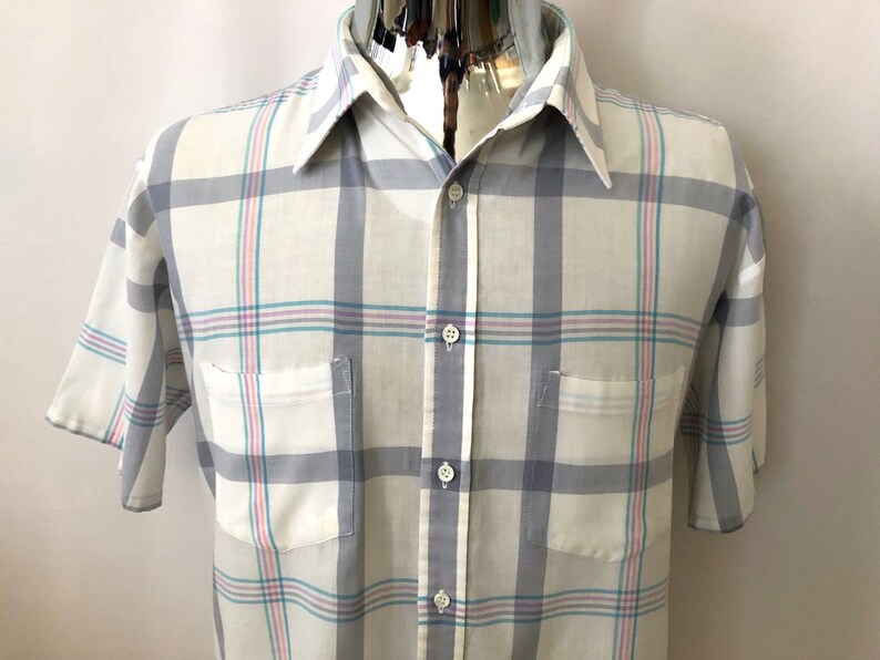 2X Plaid Vintage Mens 80/'s Van Heusen White Short Sleeve Button Down Shirt