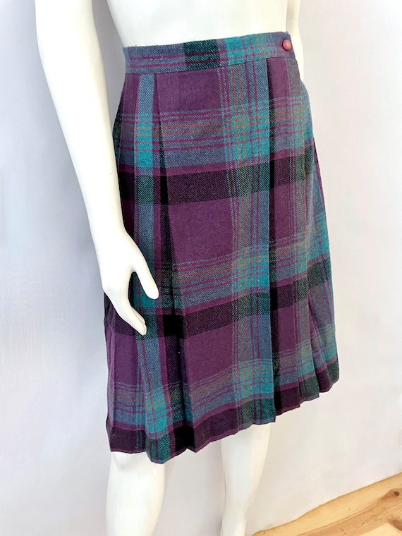 Vintage 80's Teal Purple Plaid Wool Blend Skirt b… - image 2