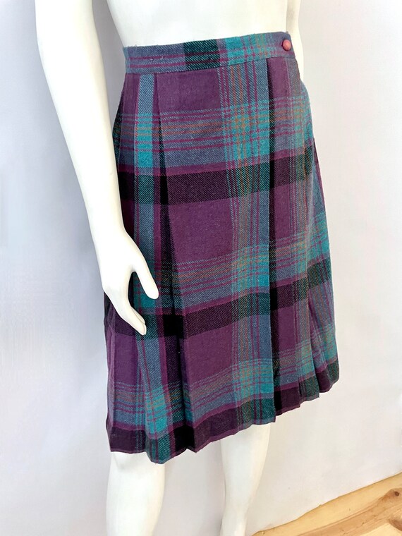 Vintage 80's Teal Purple Plaid Wool Blend Skirt b… - image 2