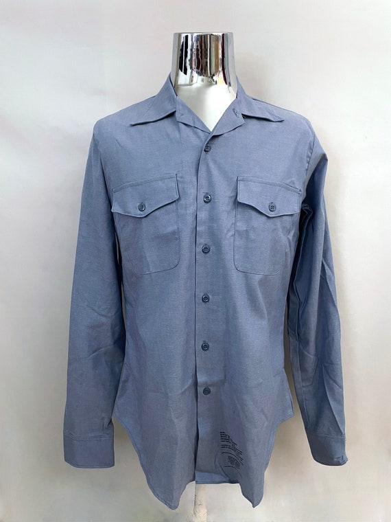 Vintage 70's Deadstock Blue Chambray Shirt Tall (… - image 1