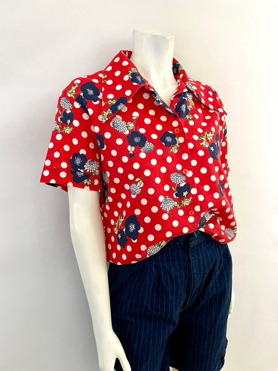 Vintage 70's Red, Polka Dot, Floral, Short Sleeve… - image 3