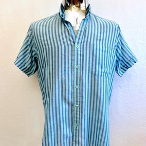 Camisa Sasson de los años 80, turquesa, azul, a rayas, manga corta (L)