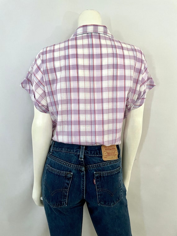 Vintage 80's White, Purple, Plaid, Cap Sleeve, Bl… - image 7