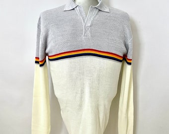 Vintage 80's Deadstock, Rainbow, Striped, Collared, Sweater (M)