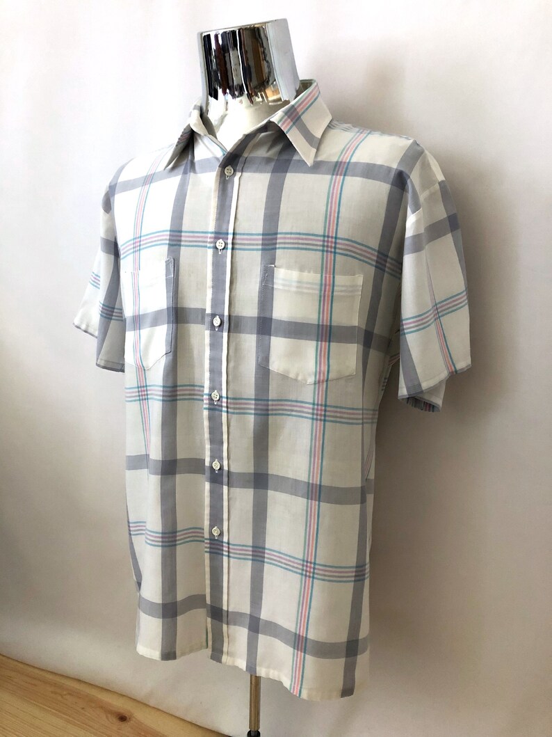 2X Plaid Vintage Mens 80/'s Van Heusen White Short Sleeve Button Down Shirt