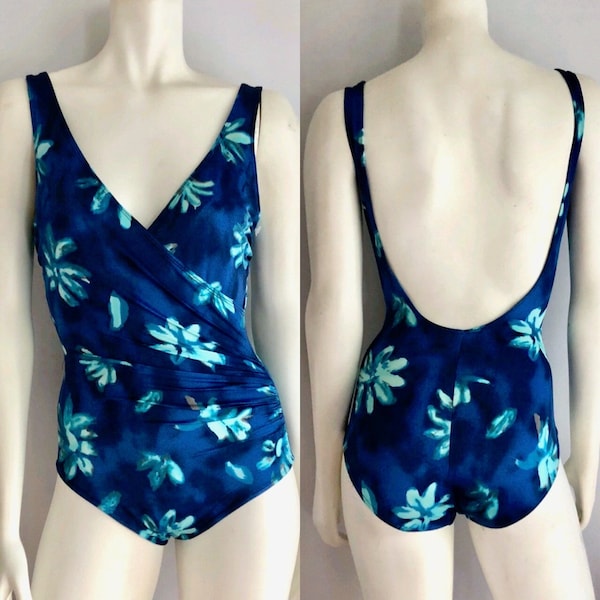 Vintage 80's Blue Floral Swimsuit, One Piece by Gabar (S)