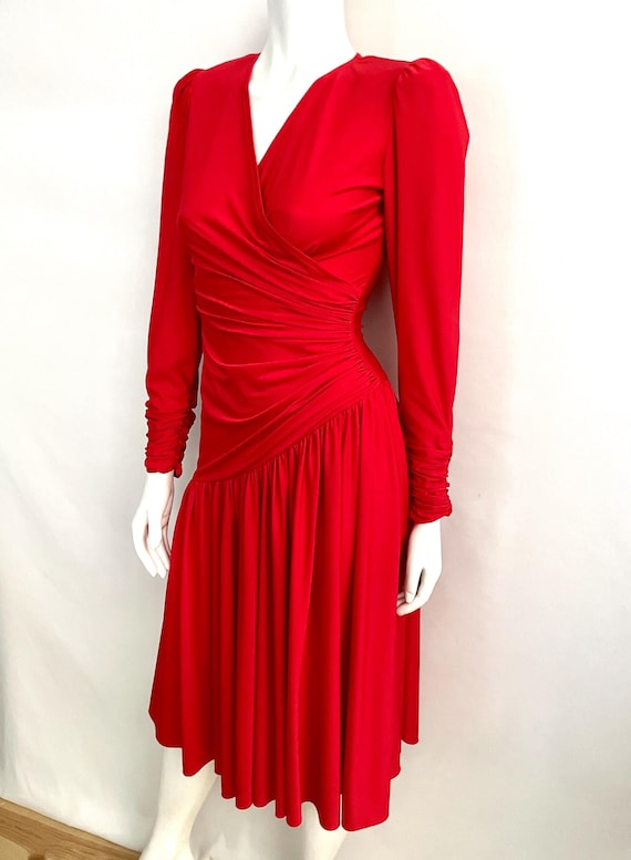 80'S Red, Long Sleeve, Wrap Dress (Size 2)