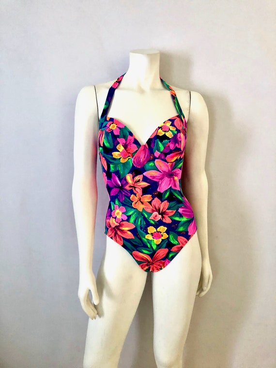 Vintage 90's Neon, Floral, Halter, Swimsuit, One Piec… - Gem