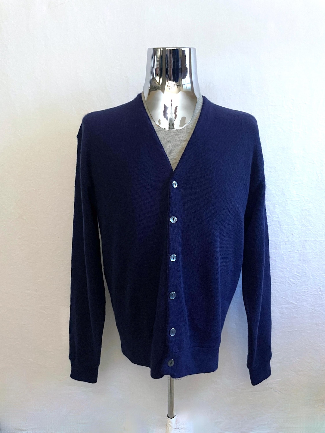 70's Navy Blue, Acrylic, Cardigan Sweater (L) - Etsy