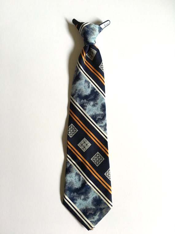 Vintage 70's Clip On Tie, Navy Blue, Gold, Striped - image 2