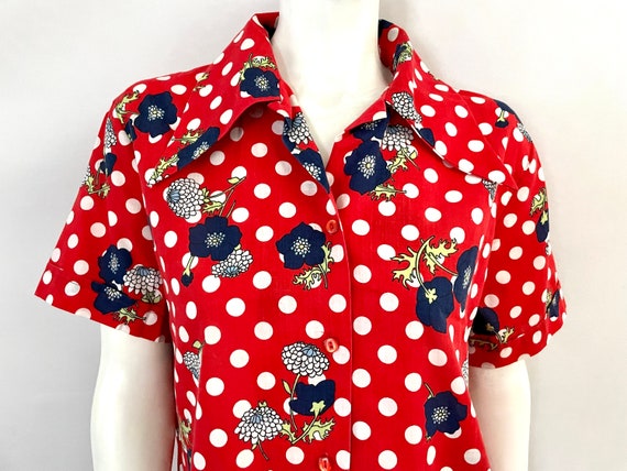 Vintage 70's Red, Polka Dot, Floral, Short Sleeve… - image 5