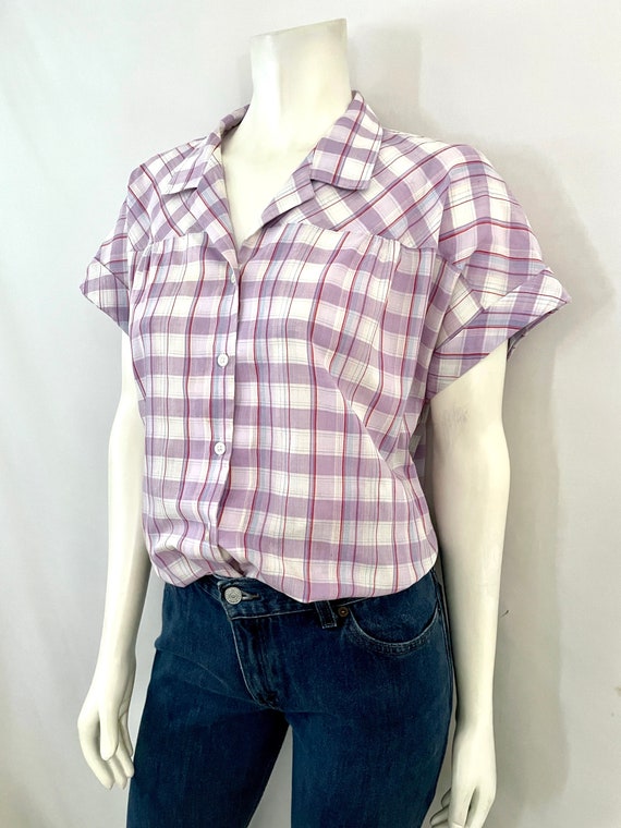 Vintage 80's White, Purple, Plaid, Cap Sleeve, Bl… - image 5