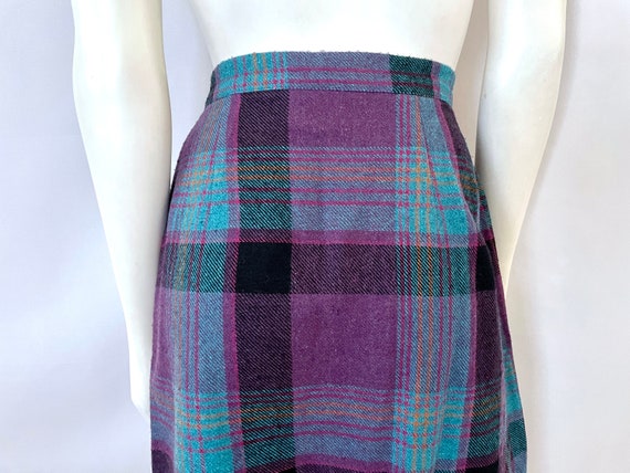 Vintage 80's Teal Purple Plaid Wool Blend Skirt b… - image 10
