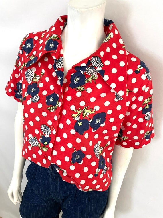 Vintage 70's Red, Polka Dot, Floral, Short Sleeve… - image 6