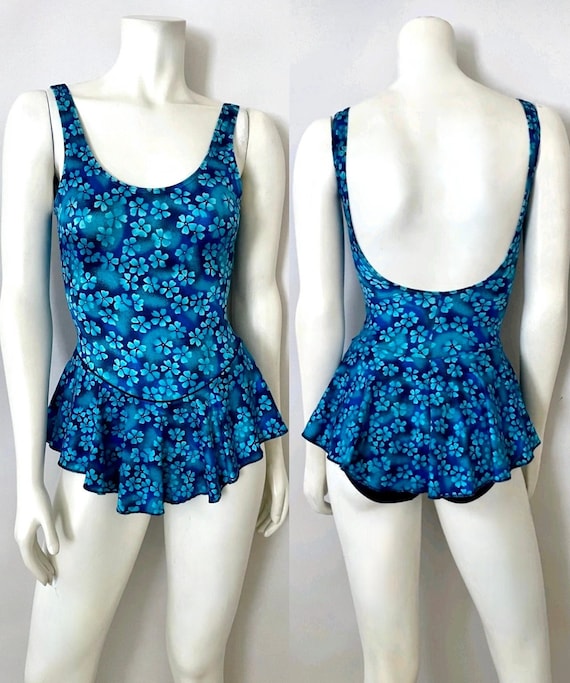 Vintage 80's Blue Floral Swimsuit, One Piece by B… - image 1
