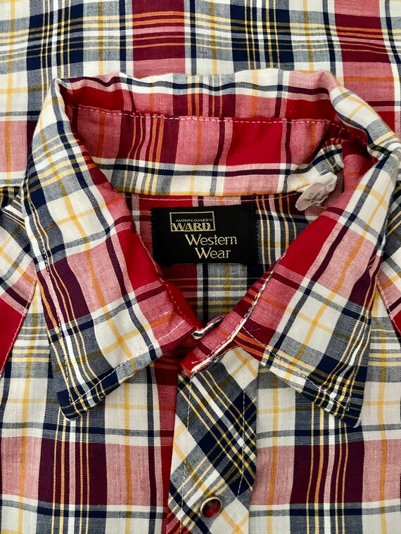 Vintage 80's Red White Plaid Snap Button Shirt (L) - image 5