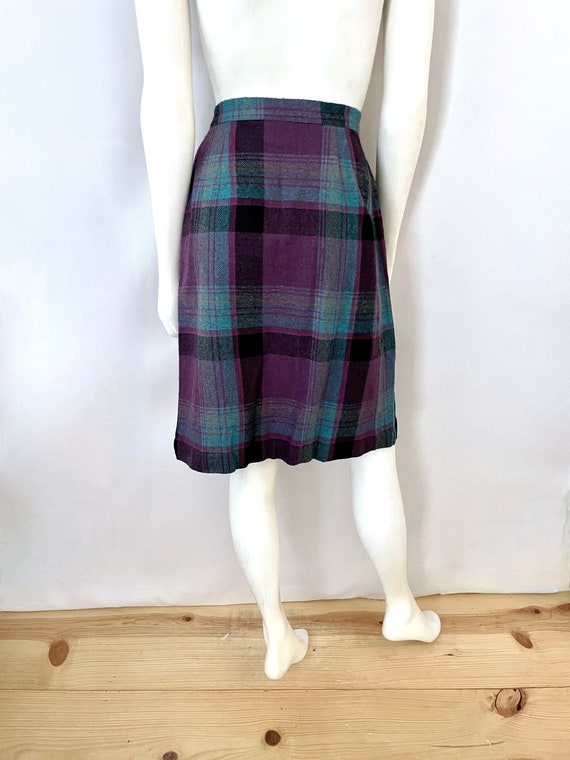 Vintage 80's Teal Purple Plaid Wool Blend Skirt b… - image 9