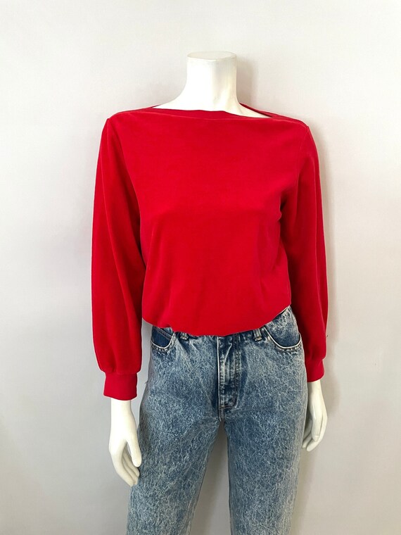Vintage 80's Red Velour, Boatneck, Sweatshirt (M)