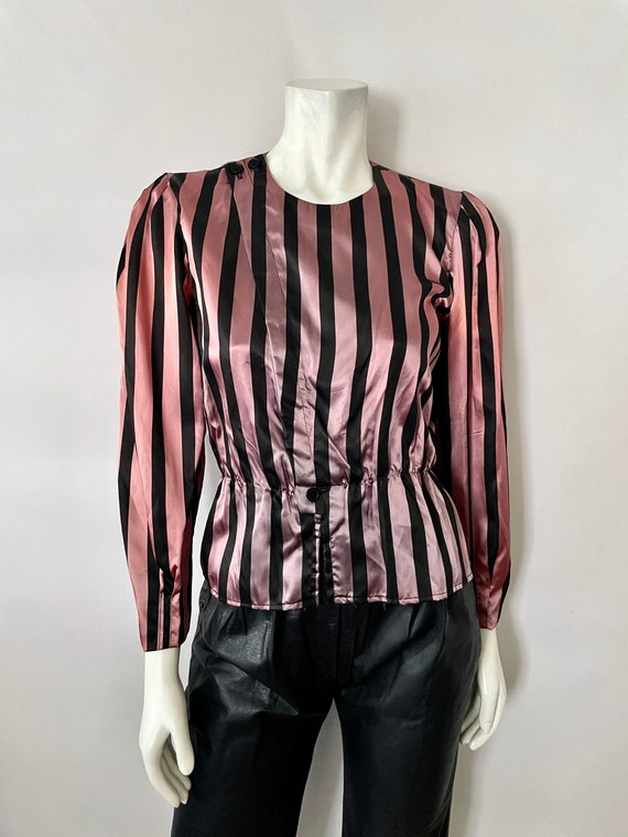 Vintage 90's Popi, Pink, Striped, Peplum Blouse (… - image 1