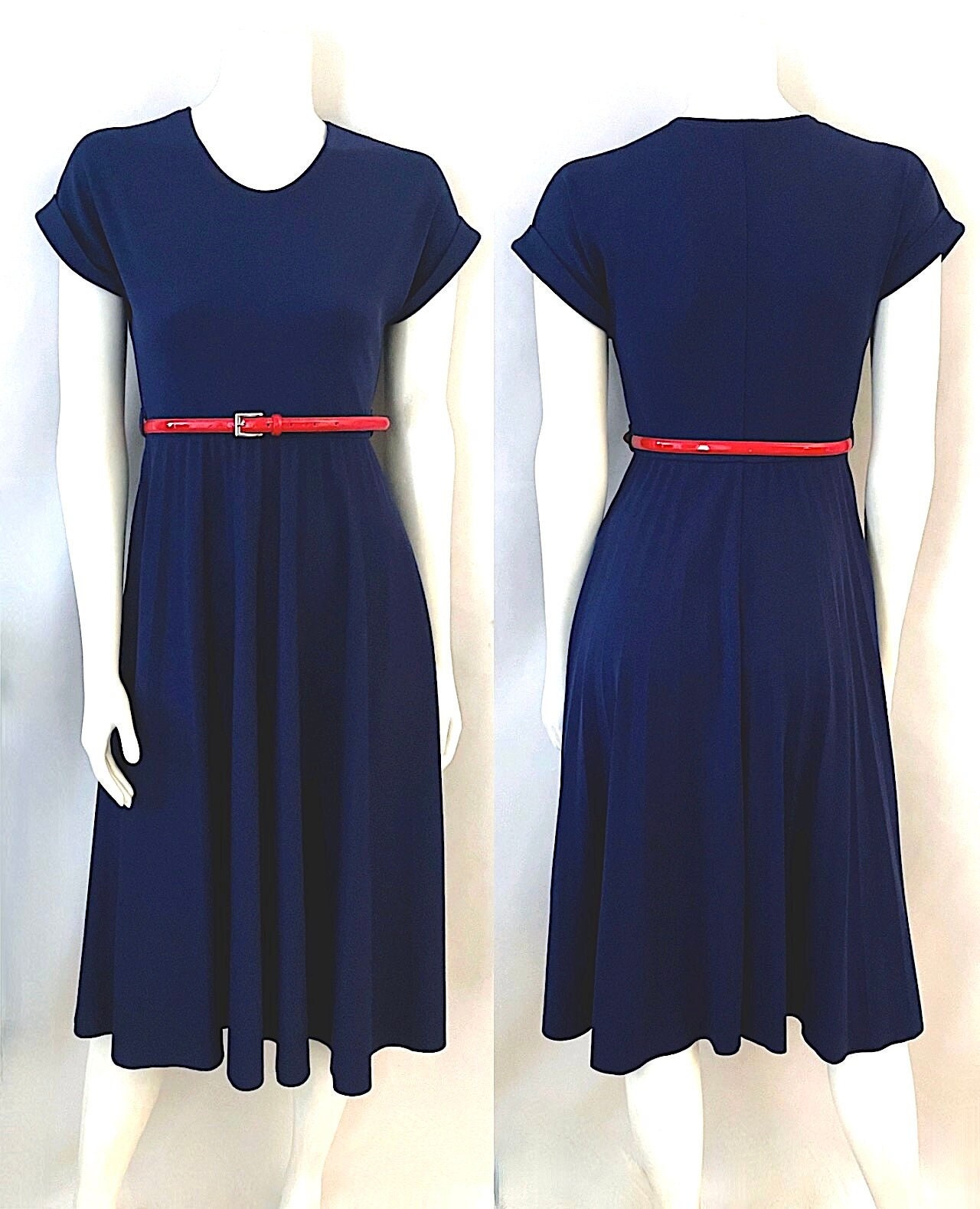 navy blue dress with red belt Navy Midi Dress with Rope Belt  Amour Boutique