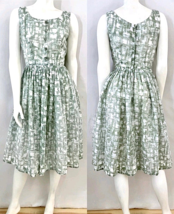 Vintage 50's White, Green, Sleeveless, Swing Dres… - image 1