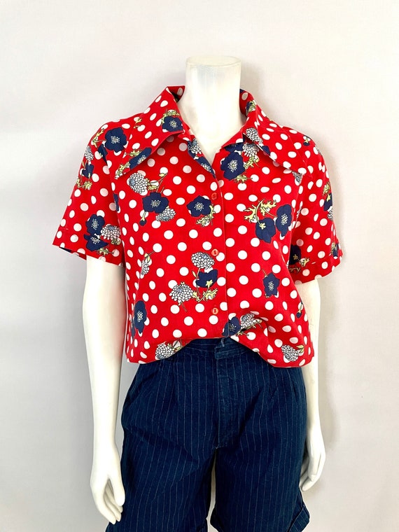 Vintage 70's Red, Polka Dot, Floral, Short Sleeve… - image 1