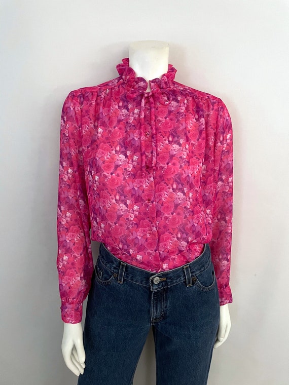Vintage Pink Black White Blouse Lilies 1970s Ladies Polyester Collar Long Sleeve Women S Clothing Clothing Valresa Com