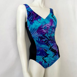 Vintage 80’s Black, Blue, Purple, One Piece, Swimsuit by Maxine of Hollywood (S)