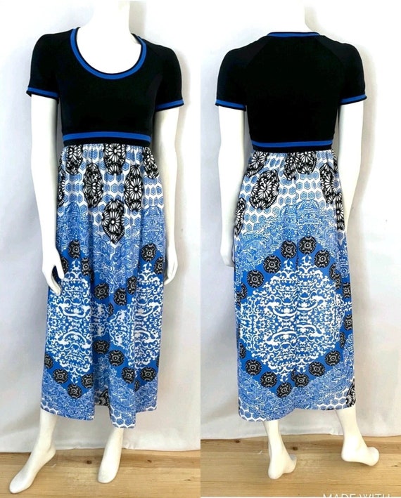 Vintage 70's Olga, Blue Geometric Nightgown (Size… - image 1