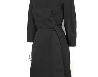 60's Black, Bow, Sleeved, A-Line, Cocktail Dress (Size 10)
