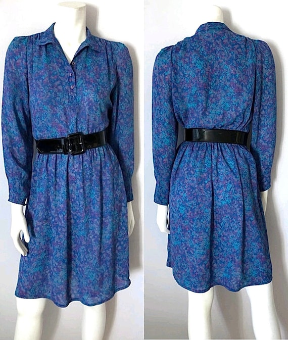 Vintage 80's Secretary Dress, Blue, Geometric by S