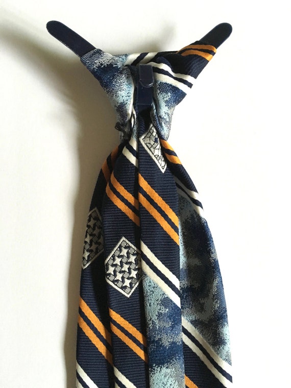 Vintage 70's Clip On Tie, Navy Blue, Gold, Striped - image 4