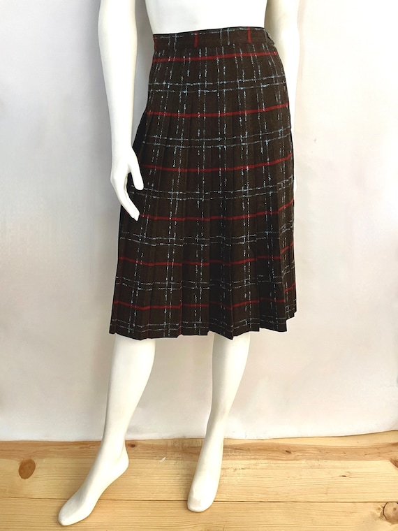 Vintage 50's Brown Wool Blend, Plaid, Pleated, Sk… - image 1