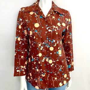 60&#39;s/70&#39;s Mod, Brown, Geometric, 3/4 Sleeve, Blouse (M)