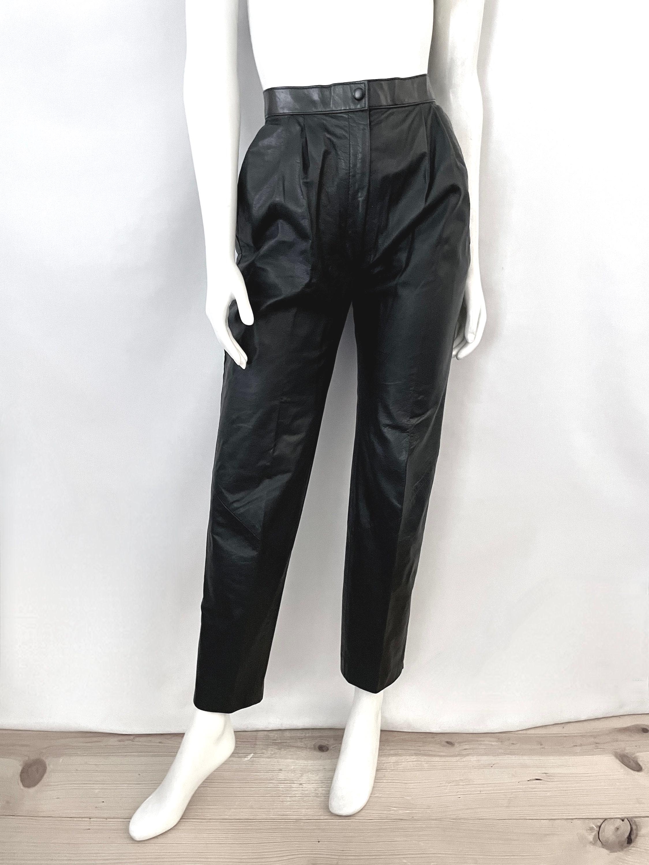 Vintage 80's Black Leather Pants, High Waisted, Tapered Fit